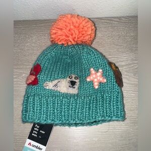 Ambler youth Tofino beanie with Pompom. Sea green with sea animals -wool S/M